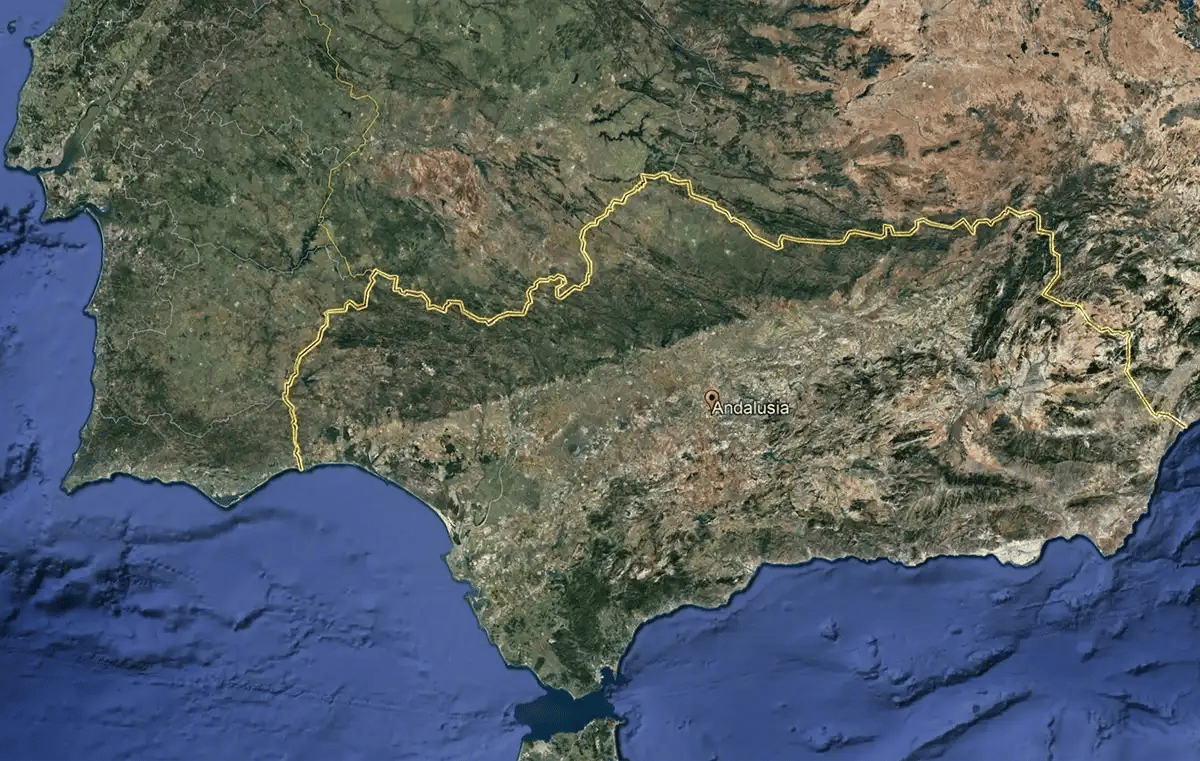 Map of Andalusia, Spain, showing the coverage area of the Junta de Andalucía emergency communications network