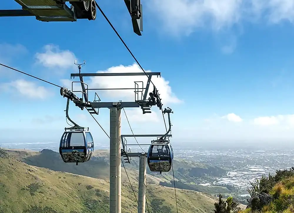 Christchurch Gondola cabins ascending the Port Hills above Christchurch, New Zealand