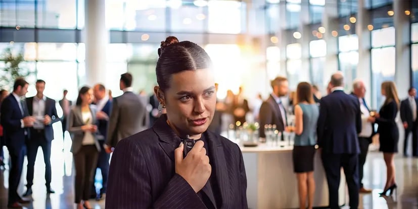 Event staff member using a handheld two-way radio in a busy venue, supporting real-time communication and coordination across teams.