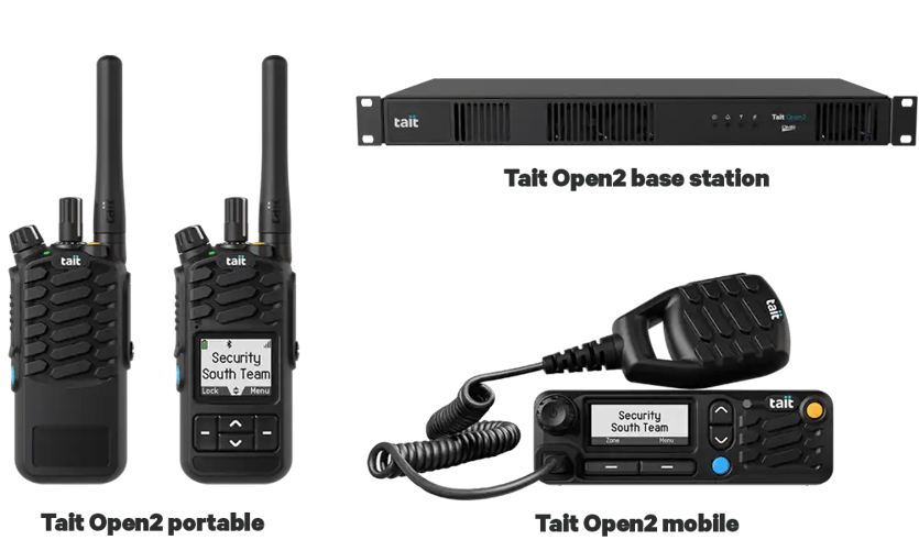 Tait Open2 business radio communications system with portable radios, mobile radio, and base station for small-to-medium-sized operations.