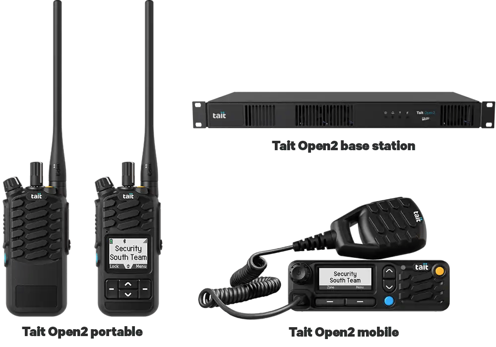 Tait Open2 business radio communications system with portable radios, mobile radio, and base station for small-to-medium-sized operations.