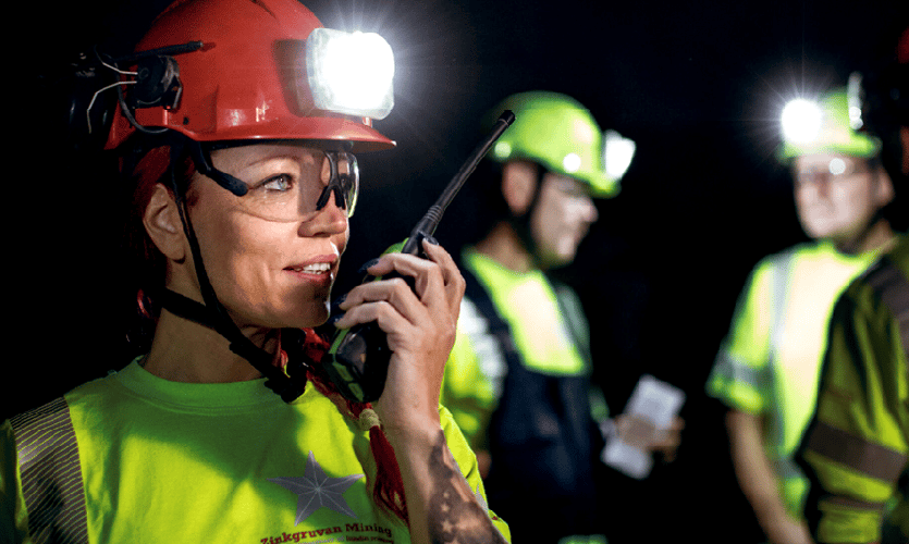 Close up of underground workers at Zinkgruvan Mine in Sweden using critical comms infrastructure to stay safe and connected.