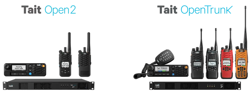 Comparison of Tait Open2 and Tait OpenTrunk school communications systems, including radios, dispatch equipment, and network infrastructure for campus safety.