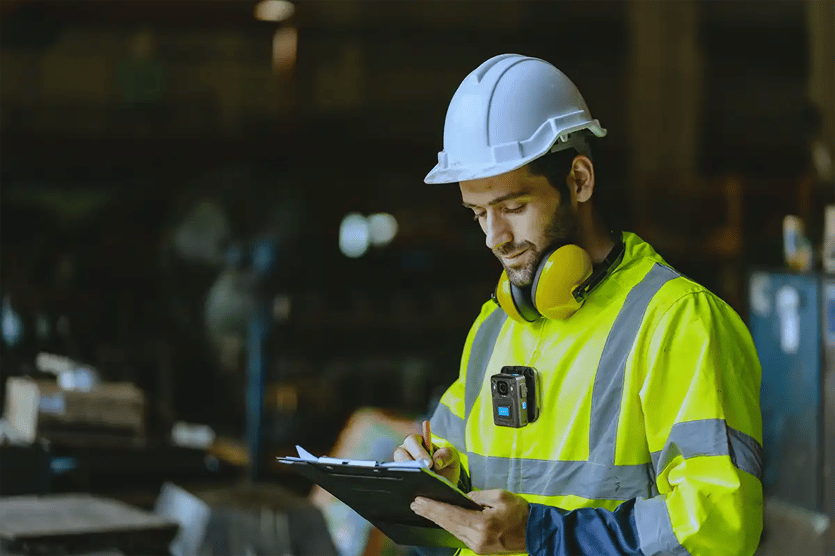 Industrial worker in high-visibility safety gear wearing a body-worn camera and completing a site inspection on a clipboard.
