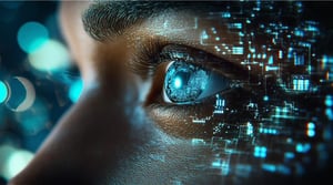 Human eye overlaid with artificial intelligence graphics, representing responsible AI use in mission-critical environments