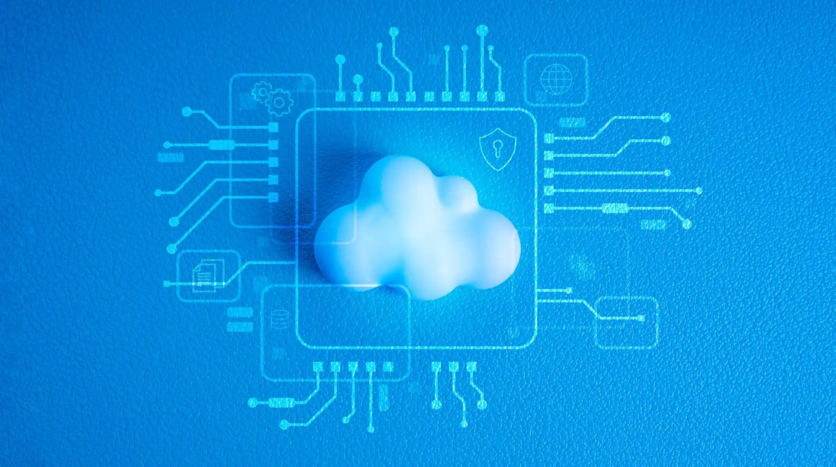 Cloud computing icon connected to a digital network, representing secure AI infrastructure for mission-critical communications