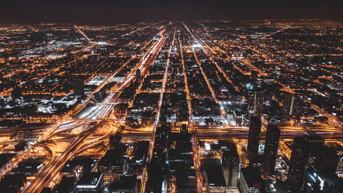 An aerial shot of a large cityscape. With dense population comes a higher risk of interference, increasing the importance of strong RF design.
